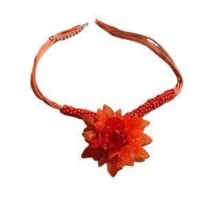 Red Plastic Flower Pendant Necklace Adjustable 20” Pendant Cotton Cord Chain